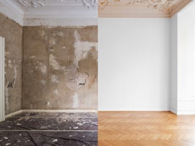 empty apartment room renovation, before and after restoration /  refurbishment